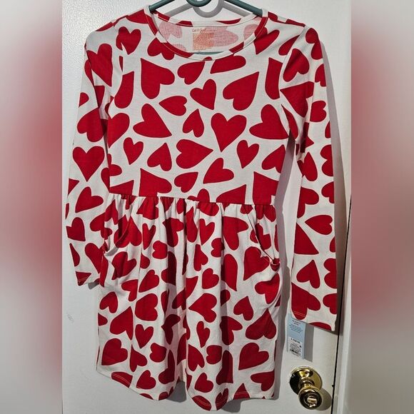 Cat & Jack Other - Cat & Jack Red Heart Patterned Long Sleeve Dress L 10-12 NWT